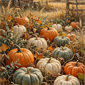 Puede incluir: Una colección de calabazas de varios tamaños y colores, incluyendo naranja, blanco y verde suave, entre hojas de otoño secas, hierbas altas y follaje en un campo con una cerca de madera bajo un cielo suave de atardecer dorado.