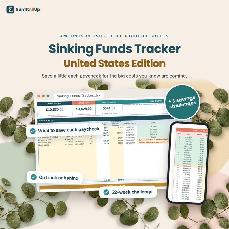 Puede incluir: Una hoja de c&aacute;lculo digital Sinking Funds Tracker para Excel y Google Sheets, edici&oacute;n de Estados Unidos. La interfaz muestra objetivos financieros, progreso de ahorro y un reto de ahorro de 52 semanas. El texto incluye SumItAllUp, Sinking Funds Tracker y +3 savings challenges.