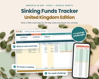 Sinking Funds Tracker UK | Savings Goals + 52 Week Savings Challenge | Excel and Google Sheets