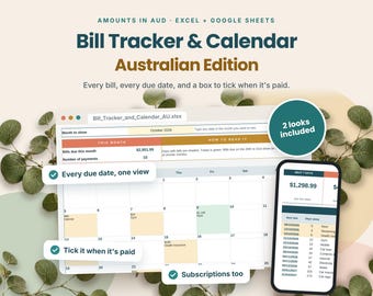 Bill Tracker Spreadsheet Australia | Bills Calendar & Subscription Tracker | Excel and Google Sheets