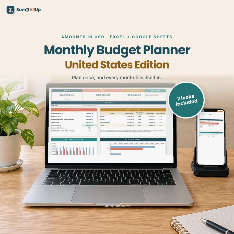Monthly Budget Spreadsheet | Budget Planner & Spending Tracker | Excel and Google Sheets imagen 1