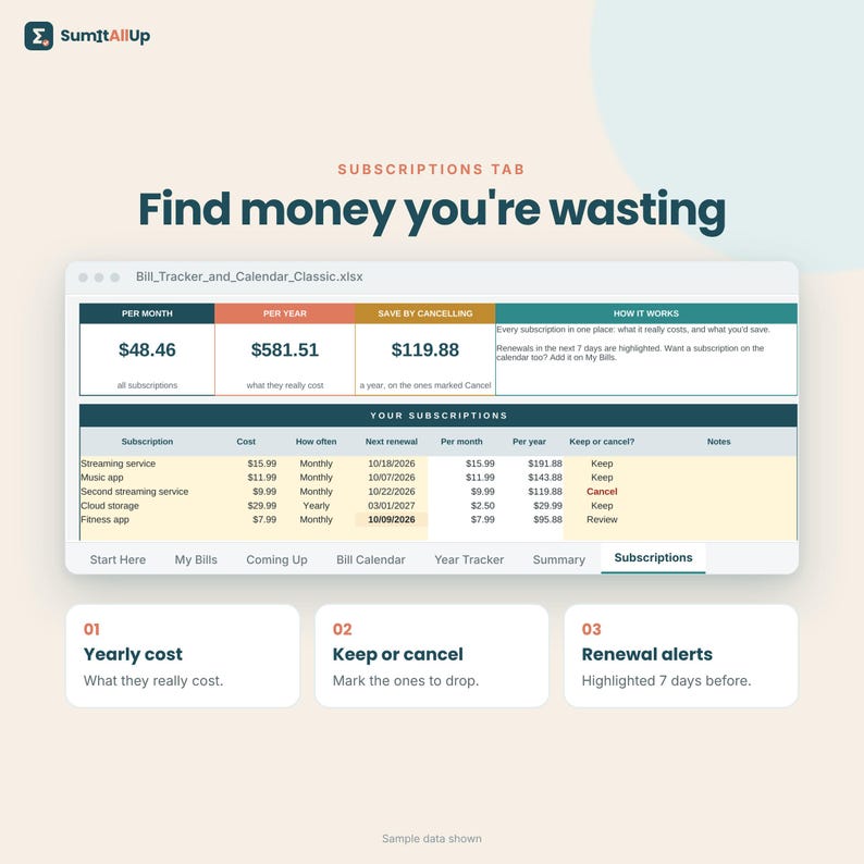 Bill Tracker Spreadsheet | Bills Calendar & Subscription Tracker | Excel and Google Sheets image 6