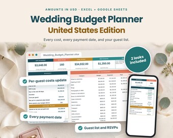 Wedding Budget Spreadsheet | Wedding Planner with Guest List, RSVP Tracker, Payment Due Dates & Saving Plan | Excel and Google Sheets