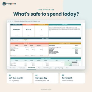 Op de afbeelding: Een digitaal maandelijks budgetplanner-spreadsheet getiteld Monthly_Budget_Planner_AU_Classic.xlsx. De interface toont financi&euml;le gegevens, waaronder dagelijkse bestedingslimieten, inkomstencategorie&euml;n en onkostenregistratie met kolommen voor geplande bedragen.