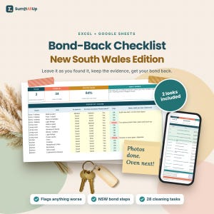 May include: A digital Bond-Back Checklist for Excel and Google Sheets, New South Wales Edition. The document displays a room-by-room table, a mobile phone showing the interface, a set of keys, and a sticky note reading Photos done. Oven next!