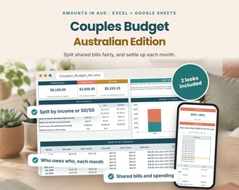 Couples Budget Spreadsheet Australia | Split Bills by Income or 50/50 | Excel and Google Sheets