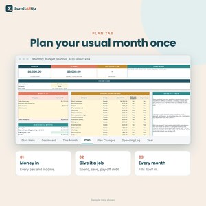 Op de afbeelding: Een digitaal maandelijks budgetplanner-spreadsheet getiteld Monthly_Budget_Planner_AU_Classic.xlsx. De interface toont kolommen voor inkomsten, geplande uitgaven en schulden, met secties voor jaarlijkse planning en diverse categorie&euml;n.