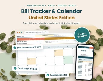 Bill Tracker Spreadsheet | Bills Calendar & Subscription Tracker | Excel and Google Sheets