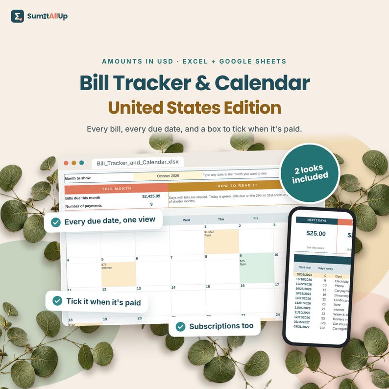 Bill Tracker Spreadsheet | Bills Calendar & Subscription Tracker | Excel and Google Sheets image 1