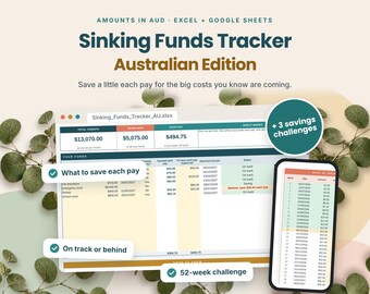 Sinking Funds Tracker Australia | Save per Pay for Rego, Christmas & Holidays + 52 Week Savings Challenge | Excel and Google Sheets