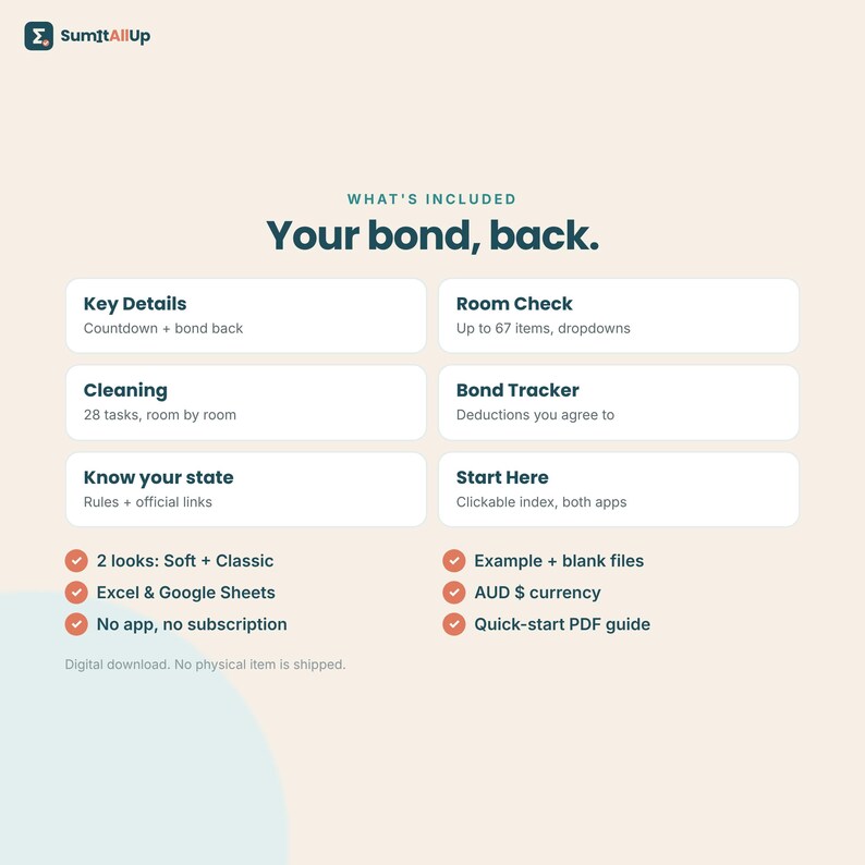 Bond Back Checklist Australia | End of Lease Cleaning Checklist, Condition Report & Bond Refund Tracker | Excel and Google Sheets 画像 8