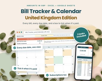 Bill Tracker Spreadsheet UK | Bills Calendar & Subscription Tracker | Excel and Google Sheets