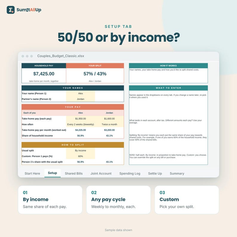 Couples Budget Spreadsheet | Split Bills 50/50 or by Income, Joint Account Planner & Settle Up | Excel and Google Sheets image 6