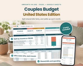 Couples Budget Spreadsheet | Split Bills by Income or 50/50 | Excel and Google Sheets