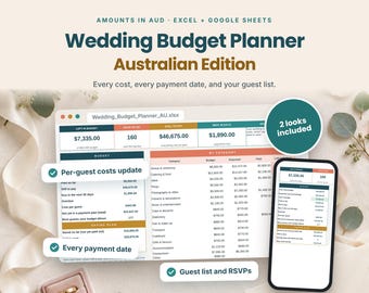 Wedding Budget Spreadsheet Australia | Wedding Planner with Guest List & RSVPs | Excel and Google Sheets