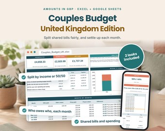 Couples Budget Spreadsheet UK | Split Bills by Income or 50/50 | Excel and Google Sheets