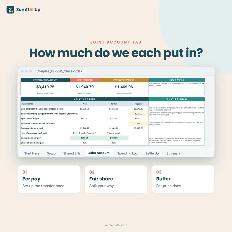 Couples Budget Spreadsheet | Split Bills 50/50 or by Income, Joint Account Planner & Settle Up | Excel and Google Sheets image 2