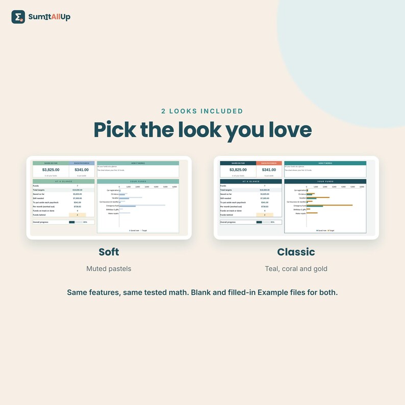 Puede incluir: Una plantilla de hoja de c&aacute;lculo financiera digital con dos temas visuales llamados Soft y Classic. La versi&oacute;n Soft utiliza tonos pastel apagados, mientras que la versi&oacute;n Classic usa verde azulado, coral y dorado. El texto incluye SumItAllUp, 2 LOOKS INCLUDED, Pick the look you love y Same features, same tested math. Blank and filled-in Example files for both.