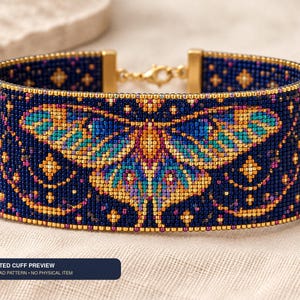 May include: A wide beaded cuff bracelet featuring a moth design in shades of blue, teal, orange, and purple against a dark blue background with gold accents. The cuff includes a gold-toned metal clasp. Text reads: COMPLETED CUFF PREVIEW DIGITAL BEAD PATTERN - NO PHYSICAL ITEM.