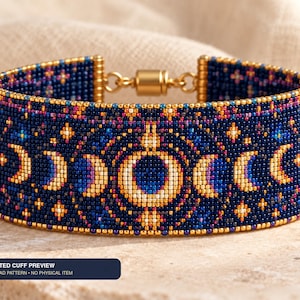 May include: A wide beaded cuff bracelet featuring a dark blue background with a repeating gold and blue moon phase pattern, accented by small stars and a gold-toned cylindrical magnetic clasp. Text reads: COMPLETED CUFF PREVIEW DIGITAL BEAD PATTERN • NO PHYSICAL ITEM.