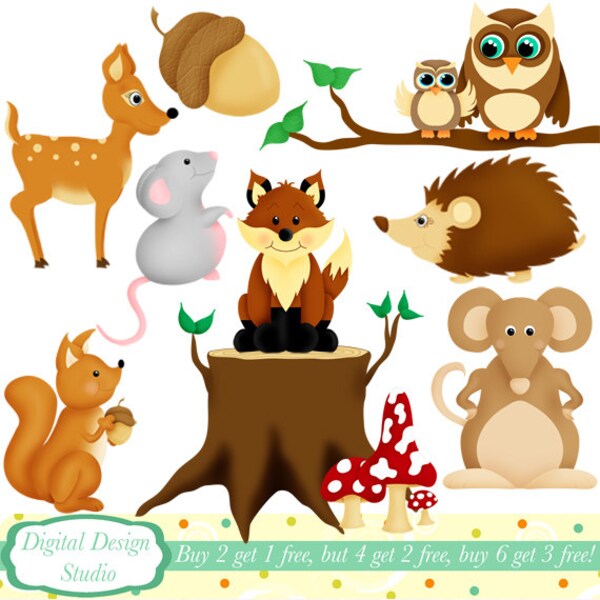 Woodland animals clip art set, 10 designs. INSTANT DOWNLOAD for Personal and commercial use.
