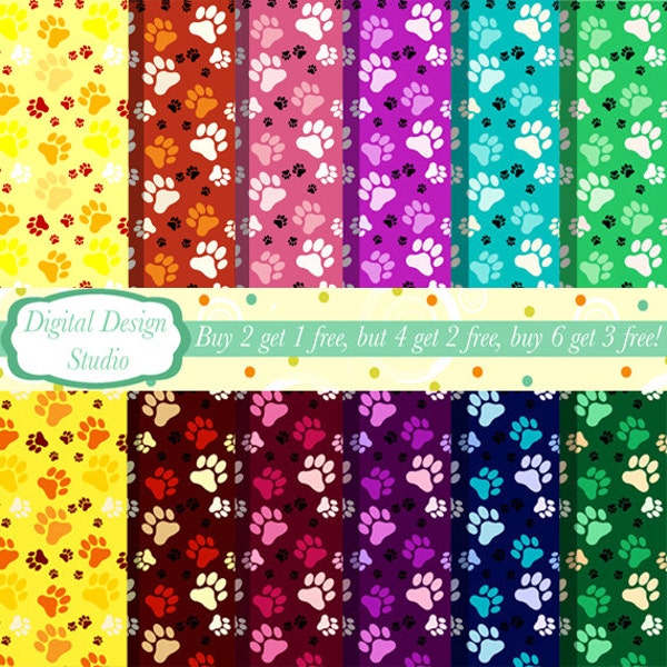 Paw prints paper, 12 sheet set. INSTANT DOWNLOAD for personal and commercial use.