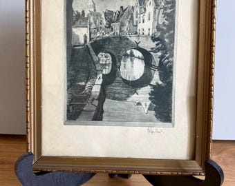 Albert Goethals – Vlamingbrug, Brügge – Signierter Vintage-Druck aus Belgien – Gerahmte flämische Stadtansicht