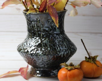 Handmade Ceramic Vase, Coiled Built Pottery Vase, Rustic Black Shimmery Vase, Free Form Contemporary Vase, Bud Vase
