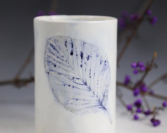 Handmade Ceramic Porcelain Mug, White Blue Floral Design Pottery Cup, 12 oz Coffee Tea Drink Ware, Holiday Gift