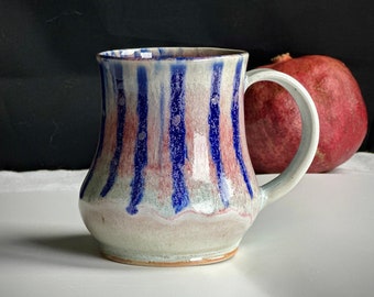 Pottery Coffee Mug, Blue Stripe Cup, Glazed Ceramic Drinkware, Holiday Gift Ideas, Wheel Thrown Pottery Cup, Handmade Stoneware Ceramics