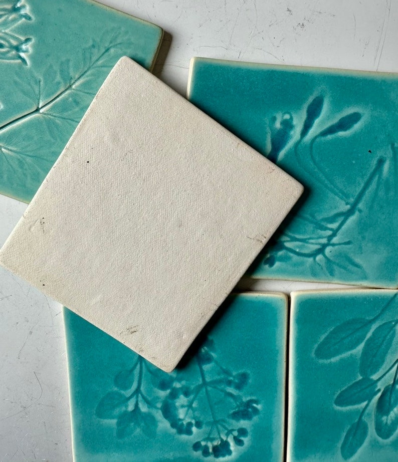 Ceramic Handmade Tiles, Botanical Print Coaster, Assemblage Tiles, Decorative Pottery Wall Tiles, Mosaic Supply Tiles image 2