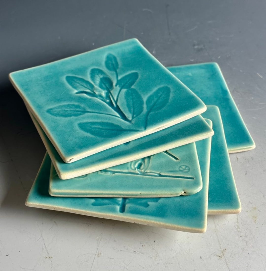 Ceramic Handmade Tiles, Botanical Print Coaster, Assemblage Tiles