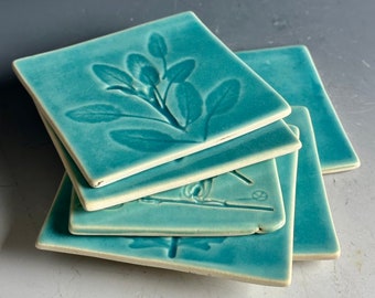 Ceramic Handmade Tiles, Botanical Print Coaster, Assemblage Tiles, Decorative Pottery Wall Tiles, Mosaic Supply Tiles