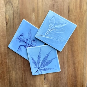 Handmade Ceramic Botanical Tiles: Blue Pottery Coaster, Mosaic Supply