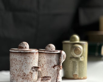 Ceramic Handmade Lidded Jar with Spoon, Pottery Tea Container, Stoneware Coffee Jar, Decorative ceramic, Black Glazed Trinket Jar, Gift