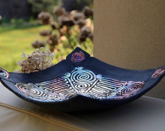 Square Raku Dish, Large Ceramic Bowl, Handmade Centerpiece, Hand crafted sculpture Platter, Black Bowl, Decorative Plate, Wall Decor Art