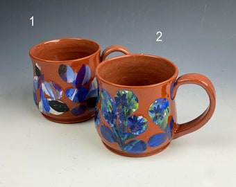 Handmade Terracotta Ceramic Mug Cup, Coffee Mug, Hand painted Blue Abstract Design, Pottery Tea Cup, Flowers Design, Contemporary Mug