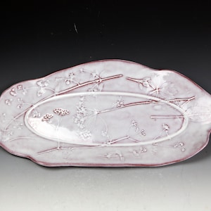 Ceramic Handmade Irregular Shape Elongated Serving Dish, Botanical Impression Decorated White Platter, Pottery Tray, Terracotta Clay Plate