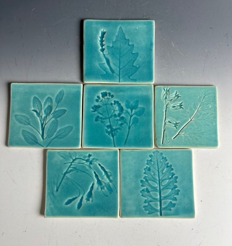 Ceramic Handmade Tiles, Botanical Print Coaster, Assemblage Tiles, Decorative Pottery Wall Tiles, Mosaic Supply Tiles image 10