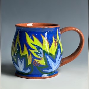 Handmade Terracotta Ceramic Mug Cup, Coffee Mug, Hand painted Blue Cornflower Design, Pottery Tea Cup, Blue flowers Design, Rustic Mug