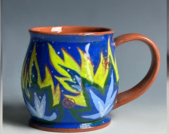 Handmade Terracotta Ceramic Mug Cup, Coffee Mug, Hand painted Blue Cornflower Design, Pottery Tea Cup, Blue flowers Design, Rustic Mug
