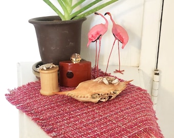 Medium Pink Placemats, Fringed Edges, Repurposed Square Linen, Altar cloth, Upcycled Decorative Linen,