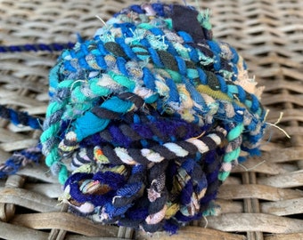 BLUE Upcycled Fabric Rag Rope by the yard, Scrap Fabric Rope, Fabric Cord, Repurposed Rope, Macrame Twine, Hand Twisted Upcycled Rope