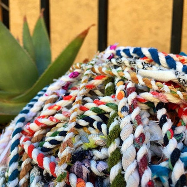 Upcycled Multi Color White Fabric Rag Rope by the yard, Scrap Fabric Twine, Bakers Twine, Repurposed Rope, Cord, Hand Twisted Upcycled Rope