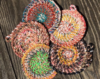 MYSTERY COLOR -Rag Rope Fabric Coaster, Hanging Art, Round Boho coaster, Upcycled Rope Coaster, Scrap Fabric Coaster, Repurposed Rag Coaster