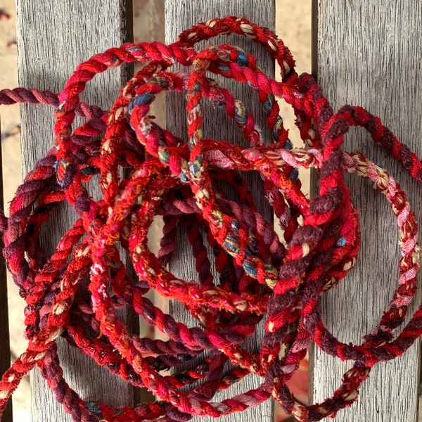 RED Upcycled Fabric Rag Rope by the yard, Scrap Fabric Twine, Fabric Cord, Repurposed Rope, Macrame Cord, Hand Twisted Upcycled Rope
