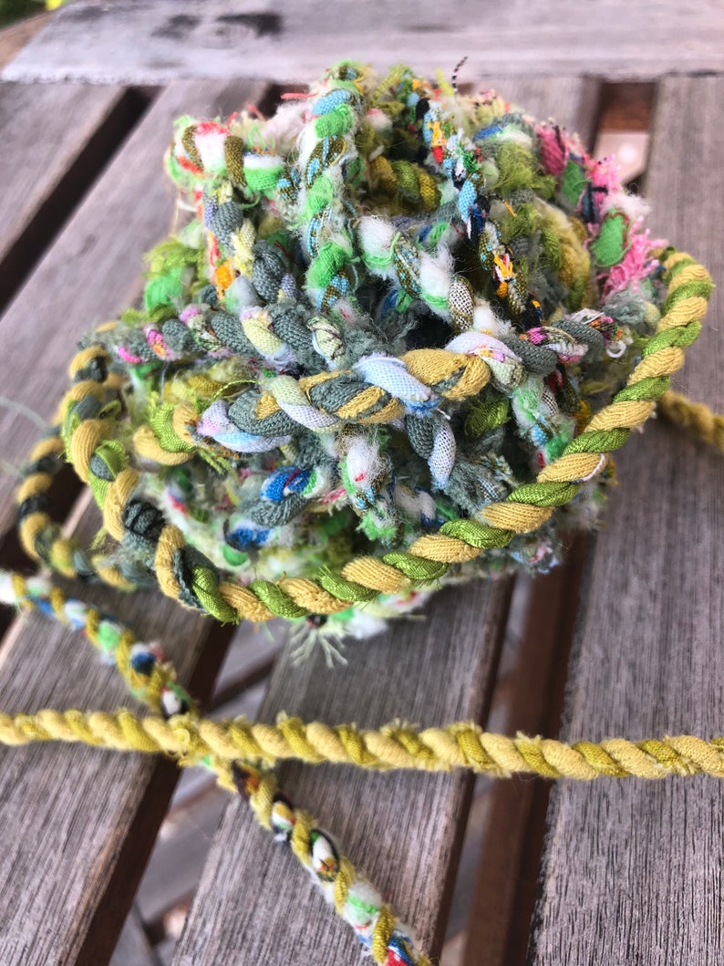 GREEN Upcycled Fabric Rag Rope by the yard, Scrap Fabric Twine, Fabric Cord, Repurposed Rope, Macrame Cord Twine, Hand Twisted Upcycled Rope image 3