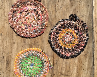 Set of 3 Rag Rope Fabric Coasters, Hanging Art, Round Boho coaster, Upcycled Rope Coaster, Scrap Fabric Coaster, Repurposed Rag Coaster