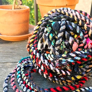 Upcycled Multi Color Black Fabric Rag Rope, Scrap Fabric Twine, Bakers Twine, Repurposed Cord, Hand Twisted Upcycled Rope - Sold in Yards