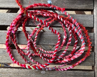 Red/Pink Upcycled Fabric Rag Rope by the yard, Scrap Fabric Twine, Fabric Cord, Repurposed Rope, Macrame Cord, Hand Twisted Upcycled Rope